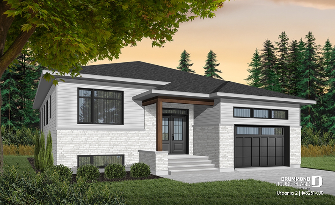 Color version 2 - Front - Modern 3 bedroom one-storey house plan with garage, open floor plan, fireplace, large kitchen island, pantry - Urbania 2