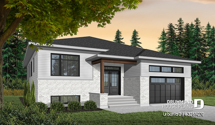 Color version 2 - Front - Modern 3 bedroom one-storey house plan with garage, open floor plan, fireplace, large kitchen island, pantry - Urbania 2