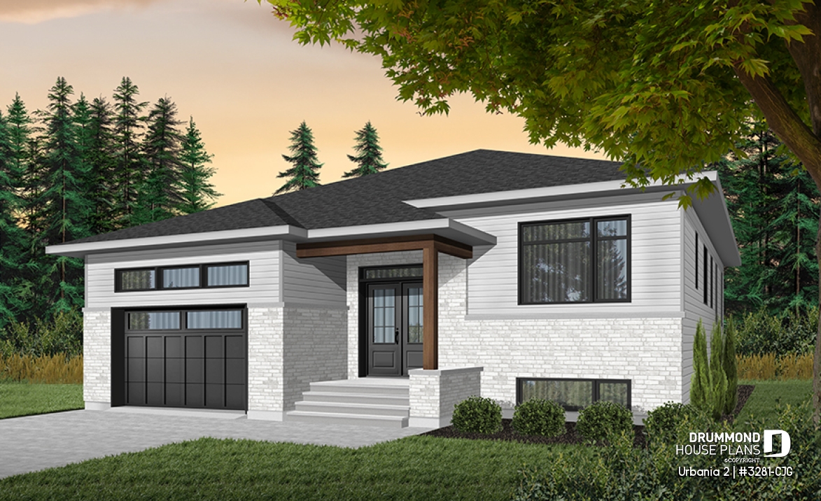 Color version 2 - Front - Modern 3 bedroom one-storey house plan with garage, open floor plan, fireplace, large kitchen island, pantry - Urbania 2
