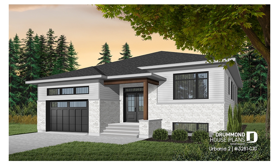 Color version 2 - Front - Modern 3 bedroom one-storey house plan with garage, open floor plan, fireplace, large kitchen island, pantry - Urbania 2