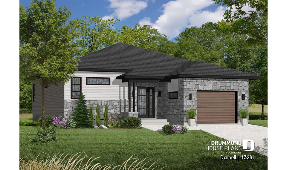 Color version 4 - Front - 2 bedroom Modern Split level house plan with open floor plan, garage, laundry on main floor, open concept - Darnell