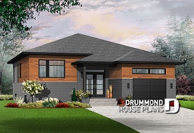 front - BASE MODEL - Small modern house plan with garage, 2 bedrooms, 9' ceiling, pantry, laundry on main floor - Urbania