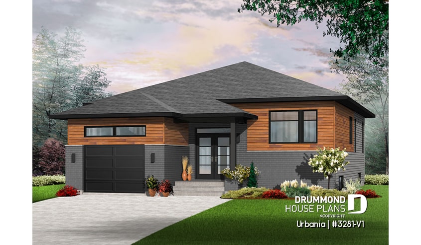 front - BASE MODEL - Small modern house plan with garage, 2 bedrooms, 9' ceiling, pantry, laundry on main floor - Urbania