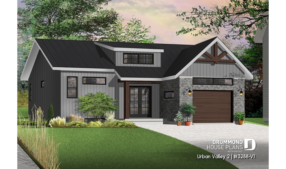 Color version 2 - Front - Scandinavian inspired house plan, open floor plan, 2 bedrooms, unfinished basement, one-car garage - Urban Valley 2