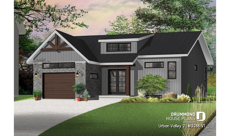 Color version 2 - Front - Scandinavian inspired house plan, open floor plan, 2 bedrooms, unfinished basement, one-car garage - Urban Valley 2