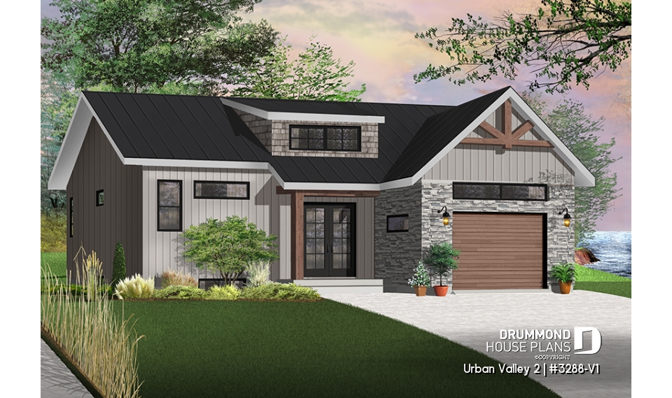 Color version 5 - Front - Scandinavian inspired house plan, open floor plan, 2 bedrooms, unfinished basement, one-car garage - Urban Valley 2