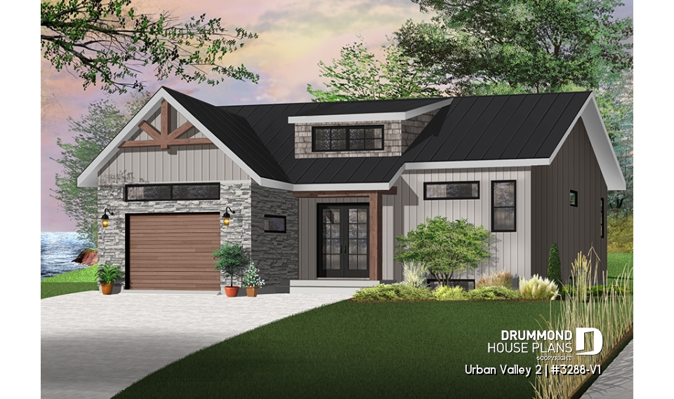 Color version 5 - Front - Scandinavian inspired house plan, open floor plan, 2 bedrooms, unfinished basement, one-car garage - Urban Valley 2