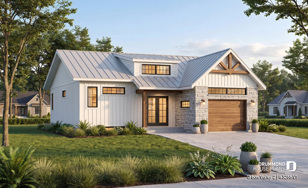 front - BASE MODEL - Scandinavian inspired house plan, open floor plan, 2 bedrooms, unfinished basement, one-car garage - Urban Valley 2