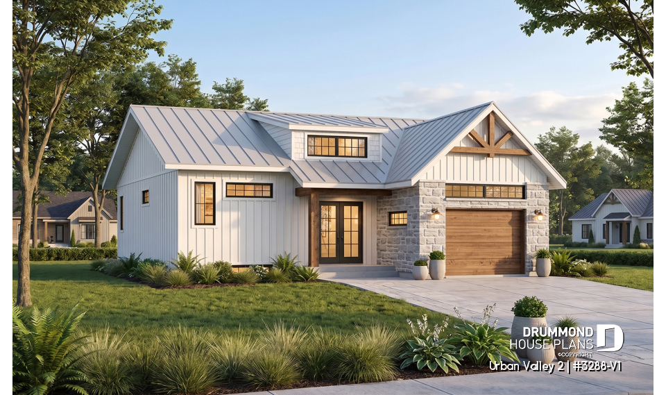front - BASE MODEL - Scandinavian inspired house plan, open floor plan, 2 bedrooms, unfinished basement, one-car garage - Urban Valley 2