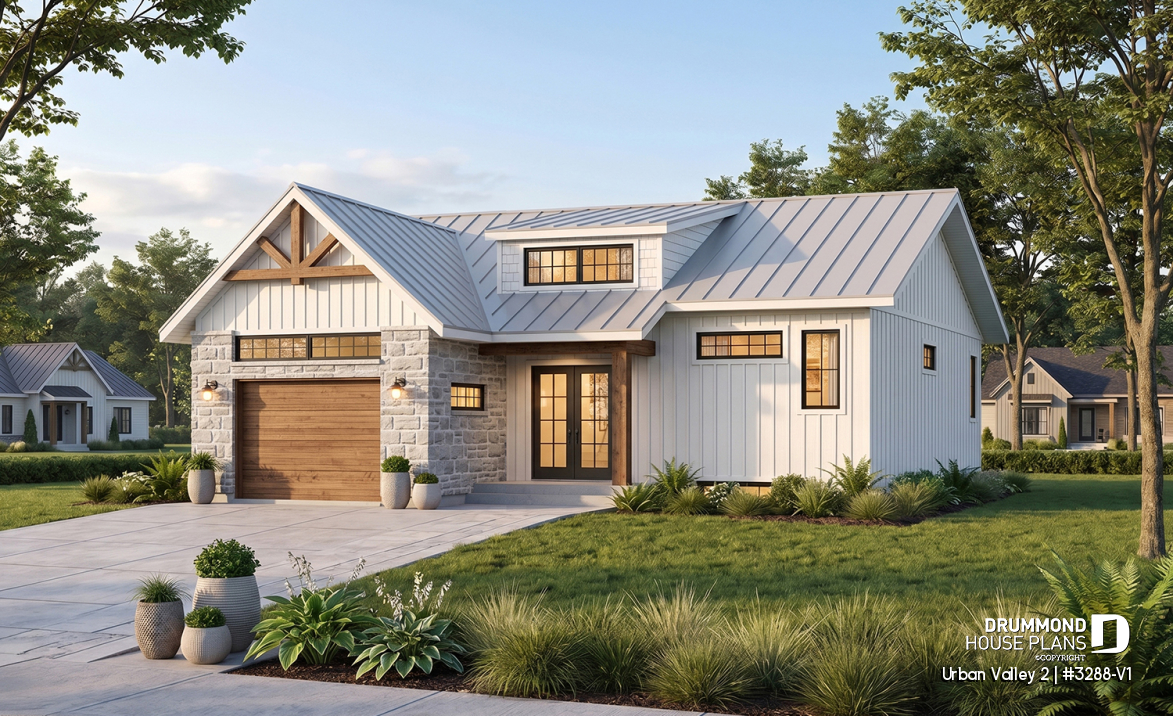 front - BASE MODEL - Scandinavian inspired house plan, open floor plan, 2 bedrooms, unfinished basement, one-car garage - Urban Valley 2