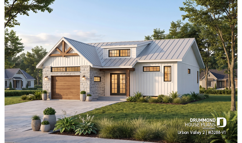 front - BASE MODEL - Scandinavian inspired house plan, open floor plan, 2 bedrooms, unfinished basement, one-car garage - Urban Valley 2