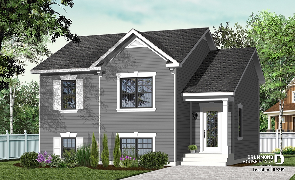 Color version 3 - Front - Affordable split level house plan, ideal first home (very affordable), traditionnal style, 2 bedroom bungalow  - Leighton