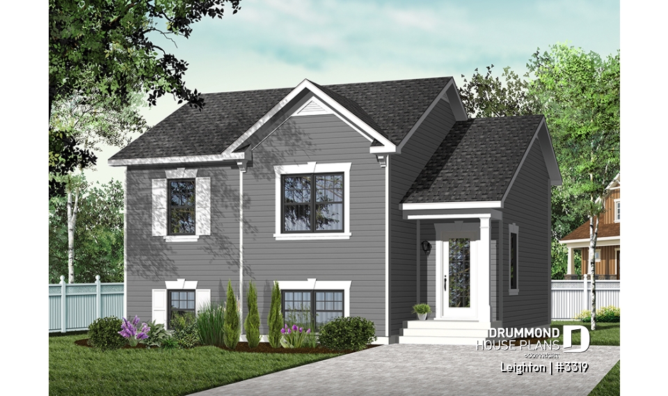 Color version 3 - Front - Affordable split level house plan, ideal first home (very affordable), traditionnal style, 2 bedroom bungalow  - Leighton