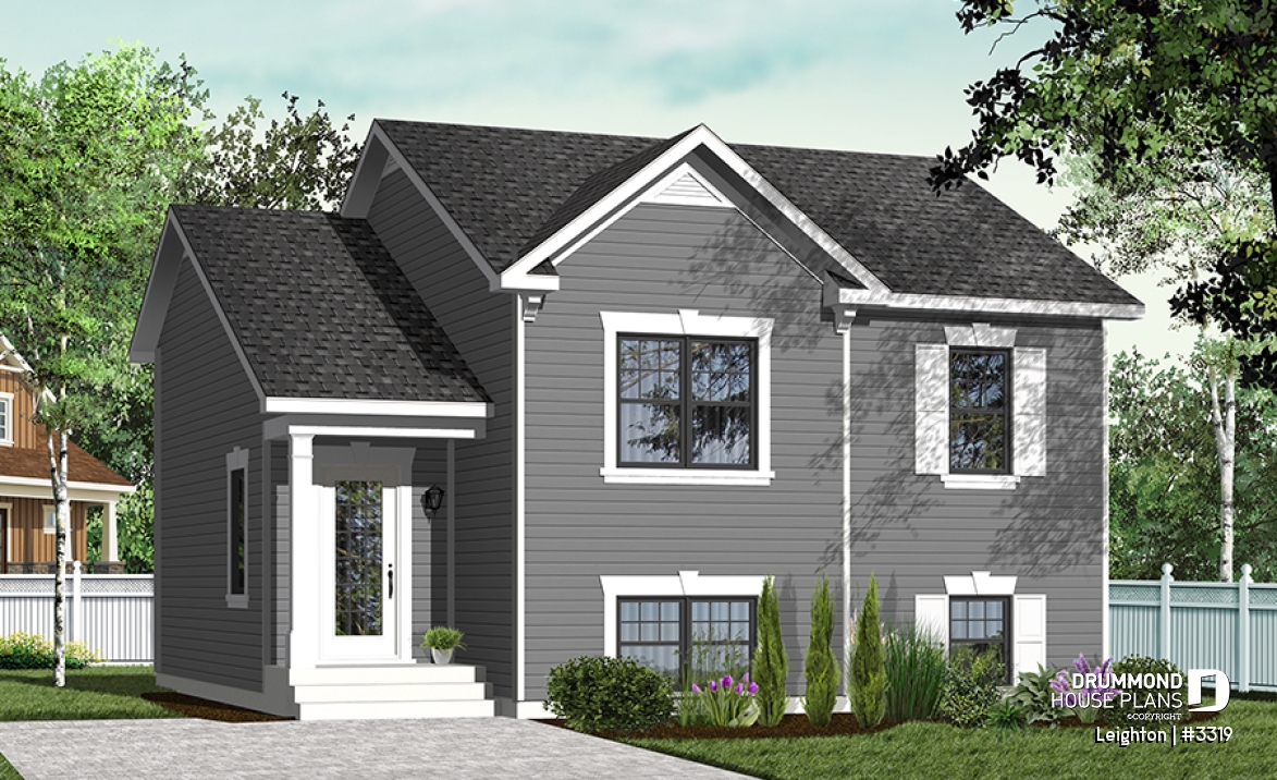 Color version 3 - Front - Affordable split level house plan, ideal first home (very affordable), traditionnal style, 2 bedroom bungalow  - Leighton