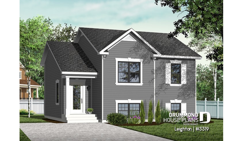 Color version 3 - Front - Affordable split level house plan, ideal first home (very affordable), traditionnal style, 2 bedroom bungalow  - Leighton