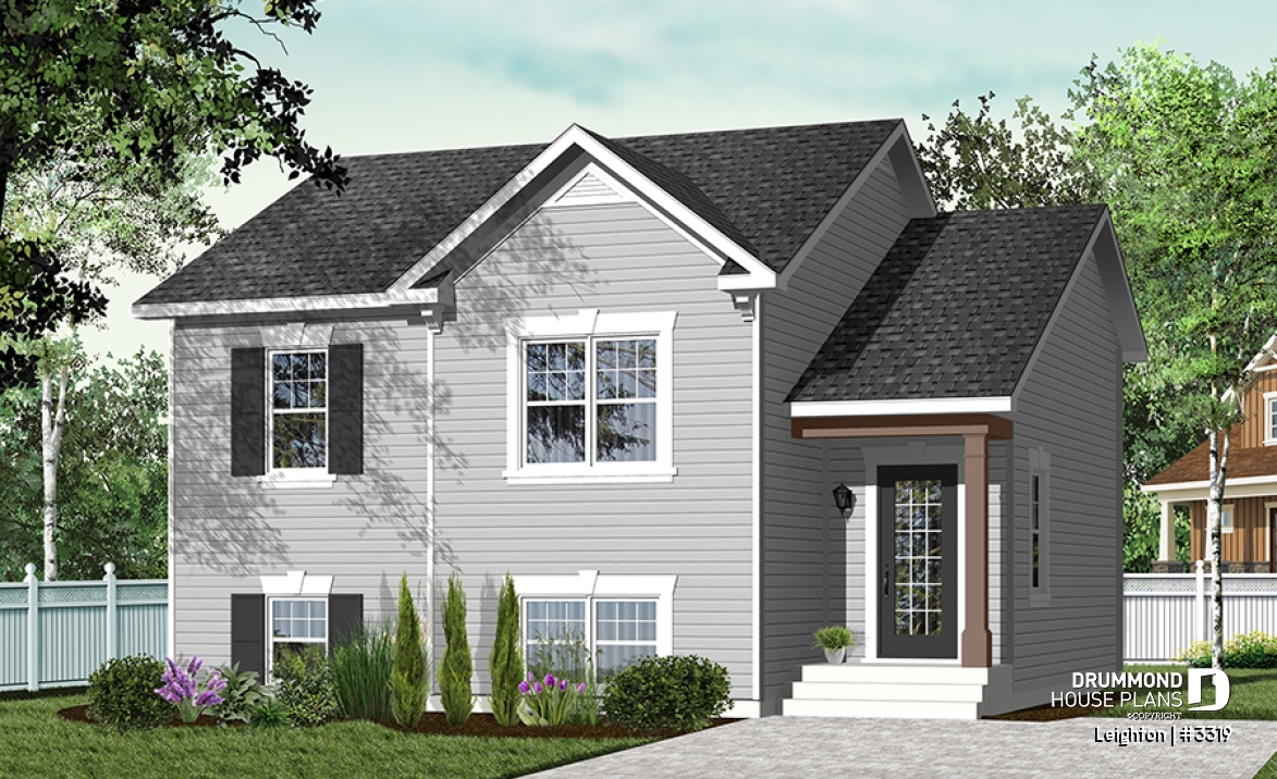 Color version 4 - Front - Affordable split level house plan, ideal first home (very affordable), traditionnal style, 2 bedroom bungalow  - Leighton