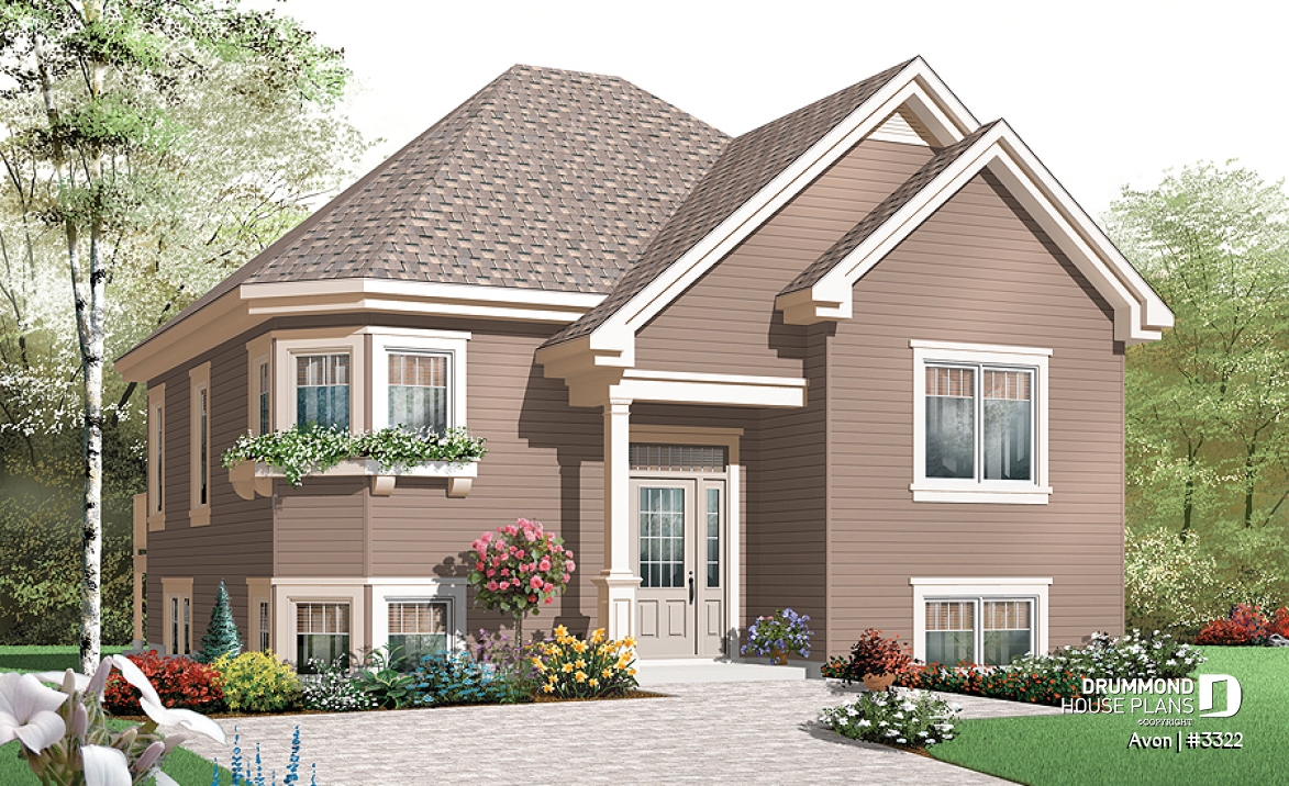 front - BASE MODEL - Economical 2 bedroom split level house plan, American style with large kitchen - Avon