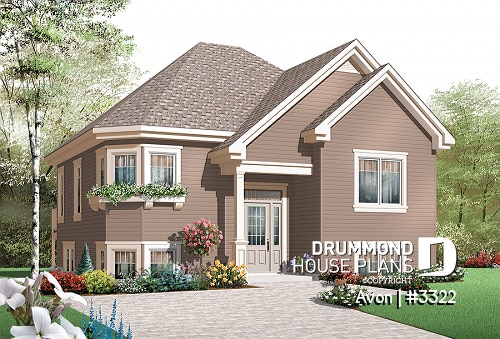 front - BASE MODEL - Economical 2 bedroom split level house plan, American style with large kitchen - Avon