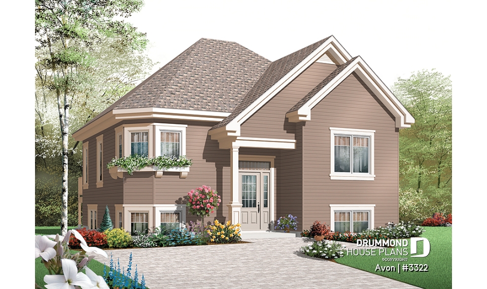 front - BASE MODEL - Economical 2 bedroom split level house plan, American style with large kitchen - Avon