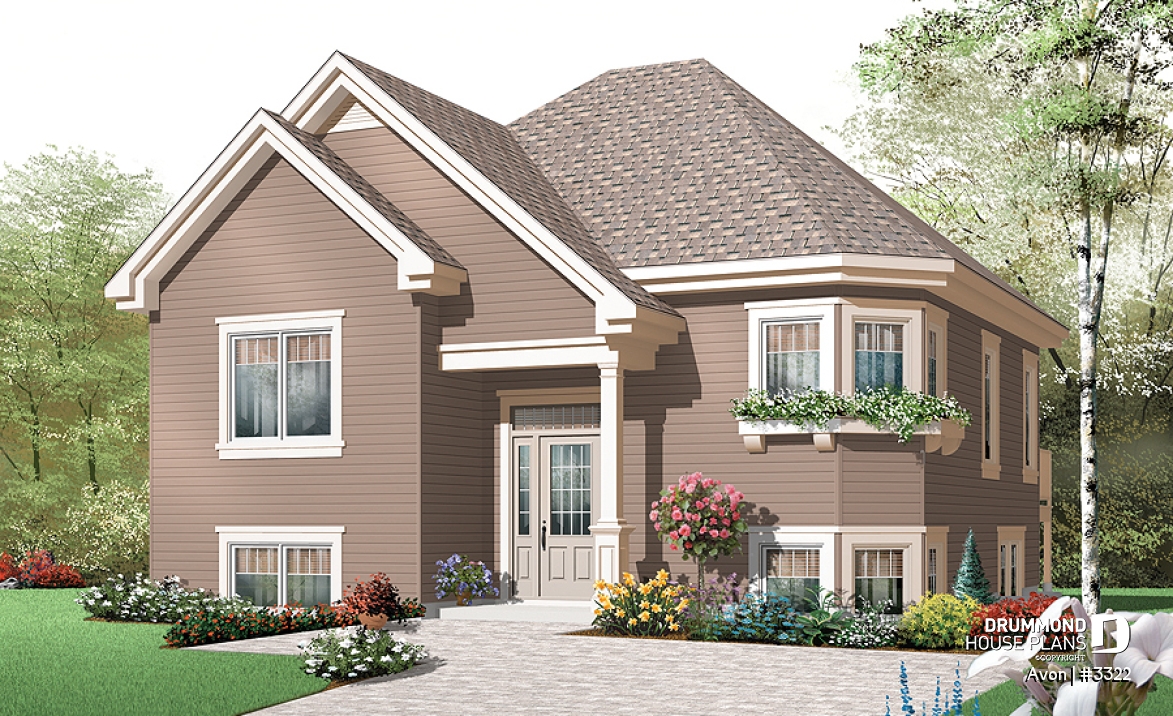 front - BASE MODEL - Economical 2 bedroom split level house plan, American style with large kitchen - Avon
