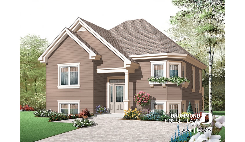 front - BASE MODEL - Economical 2 bedroom split level house plan, American style with large kitchen - Avon
