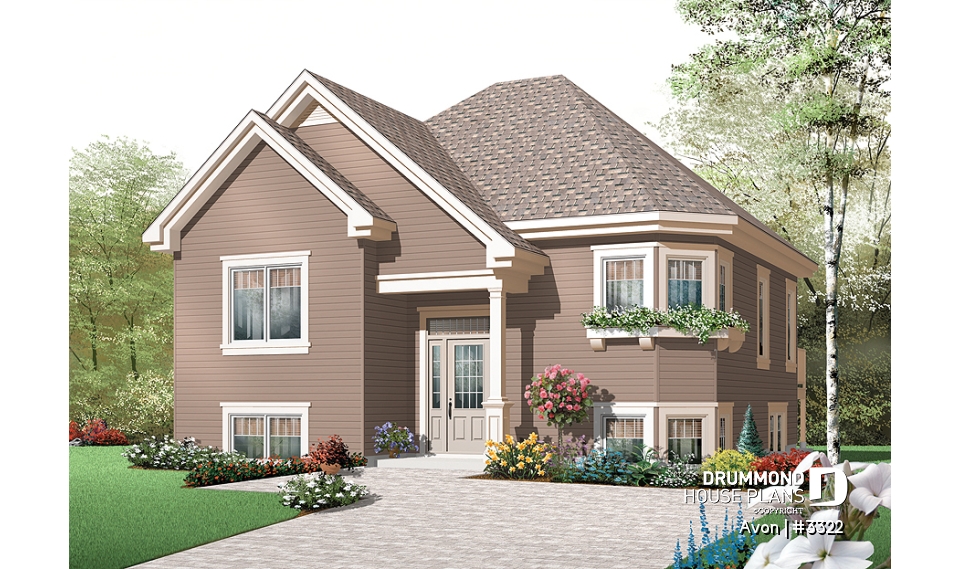 front - BASE MODEL - Economical 2 bedroom split level house plan, American style with large kitchen - Avon