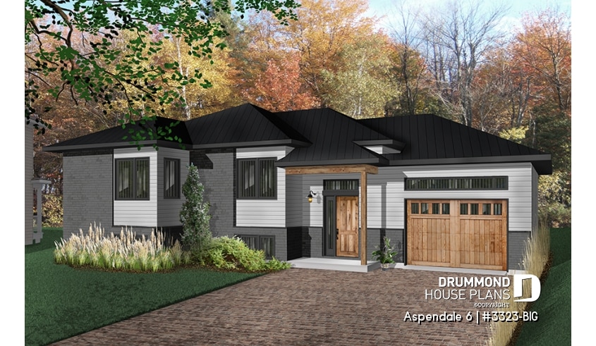 front - BASE MODEL - One-story split entry affordable house plan with attached garage, 2 bedrooms, laundry area - Aspendale 6