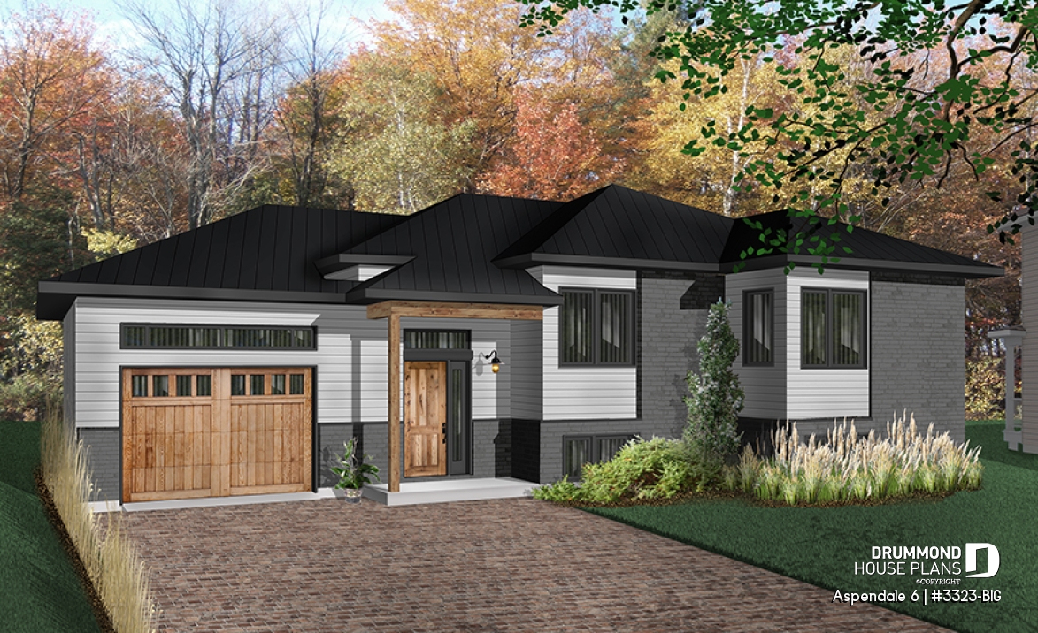 front - BASE MODEL - One-story split entry affordable house plan with attached garage, 2 bedrooms, laundry area - Aspendale 6