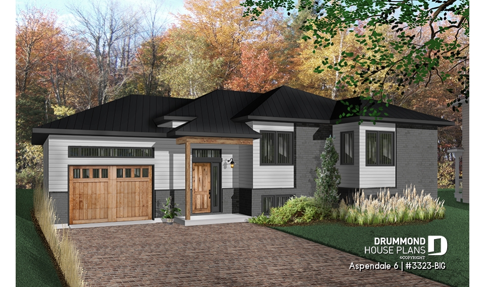 front - BASE MODEL - One-story split entry affordable house plan with attached garage, 2 bedrooms, laundry area - Aspendale 6
