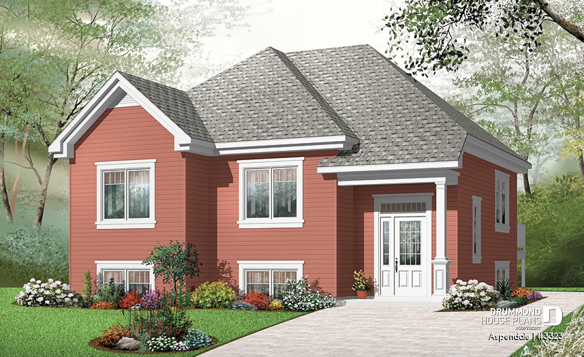 front - BASE MODEL - Economical split level entry floor plan, 2 bedroom bungalow with kitchen island, daylight basement - Aspendale