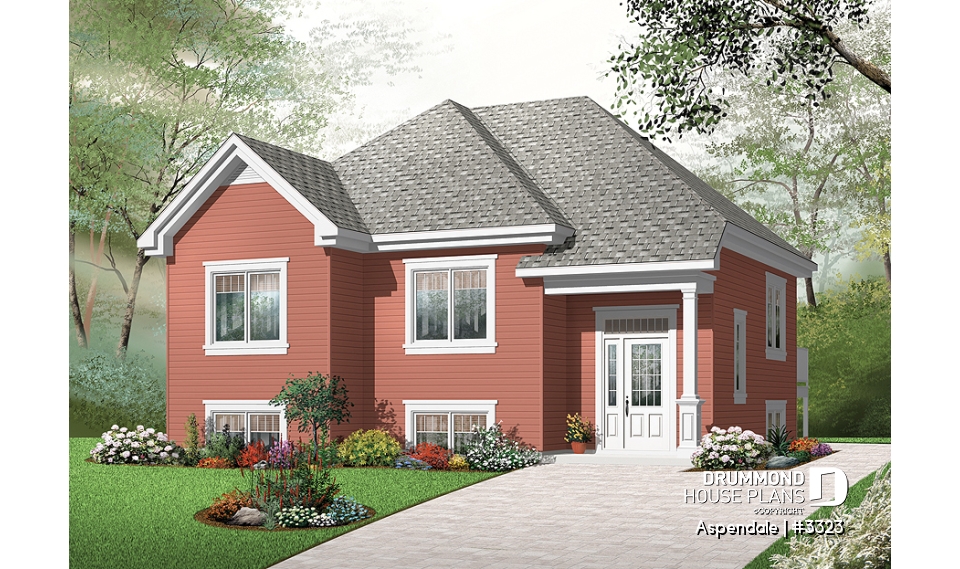 front - BASE MODEL - Economical split level entry floor plan, 2 bedroom bungalow with kitchen island, daylight basement - Aspendale