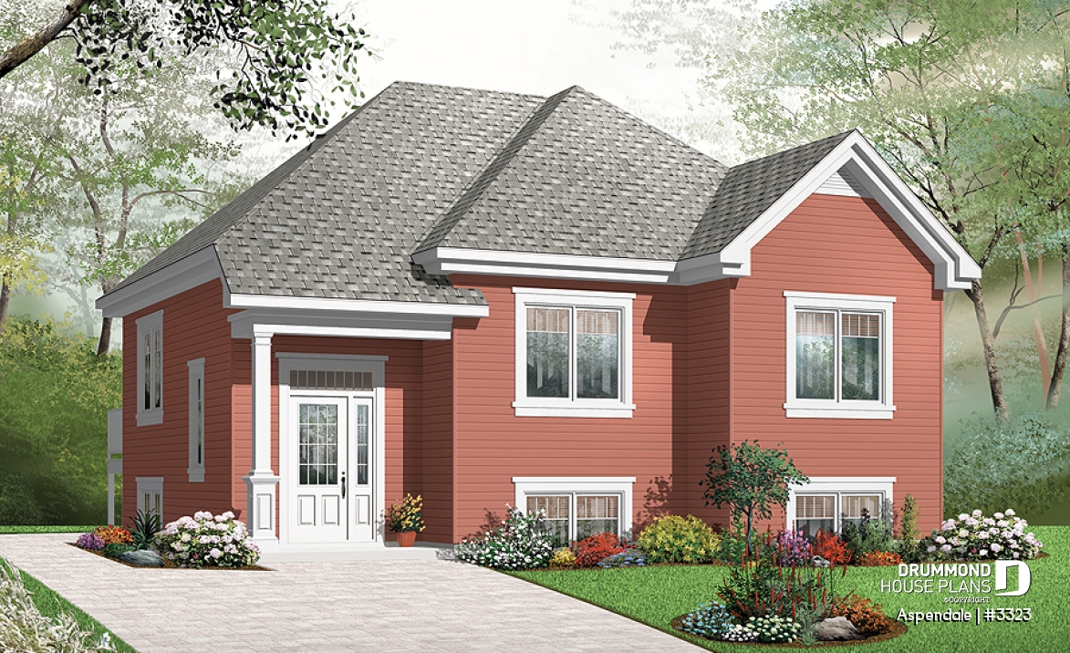 front - BASE MODEL - Economical split level entry floor plan, 2 bedroom bungalow with kitchen island, daylight basement - Aspendale