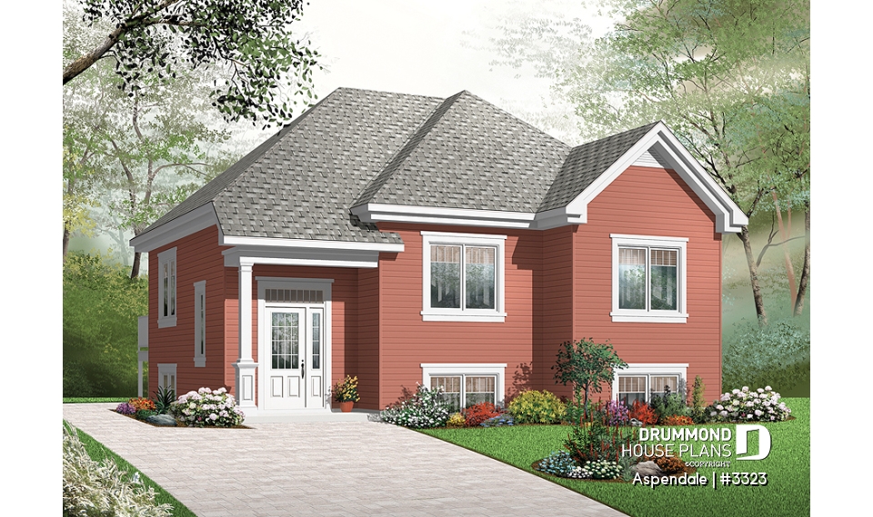 front - BASE MODEL - Economical split level entry floor plan, 2 bedroom bungalow with kitchen island, daylight basement - Aspendale