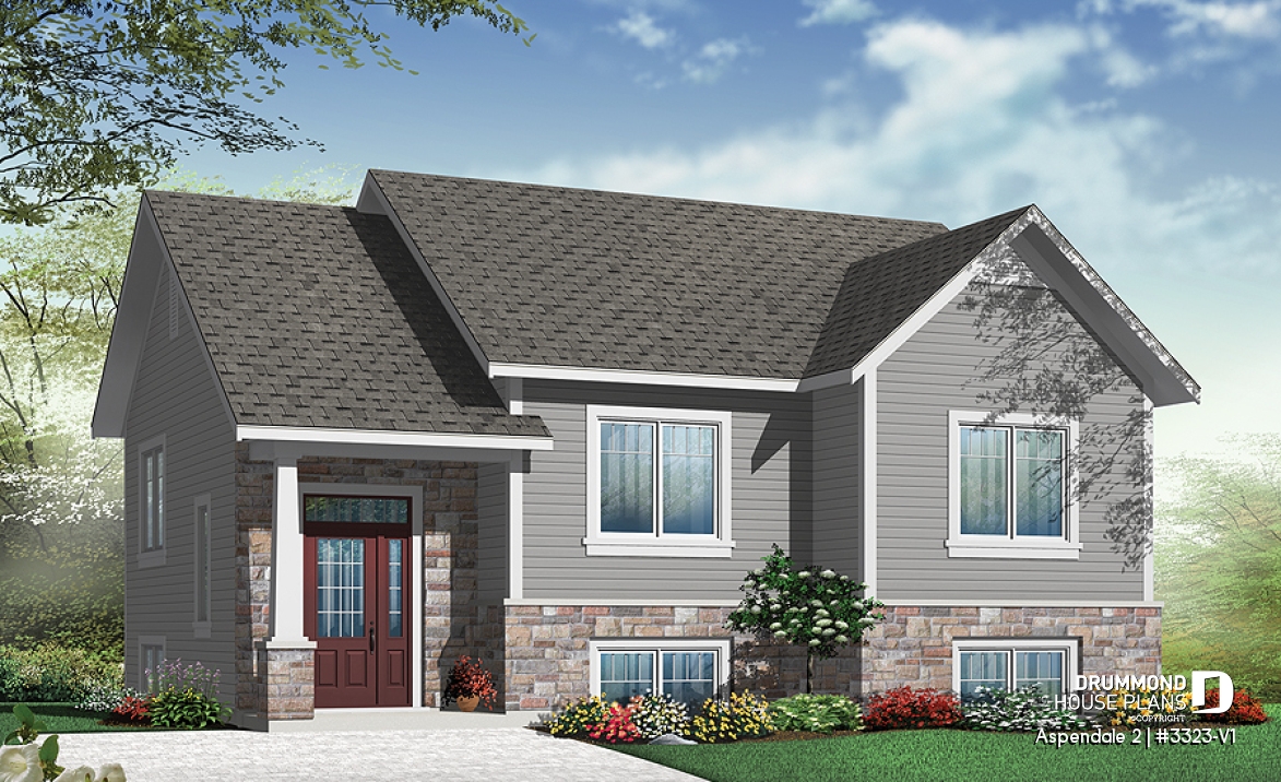 front - BASE MODEL - Low building cost 2 bedroom split level house plan, 12' high ceiling in foyer, open concept, kitchen island - Aspendale 2