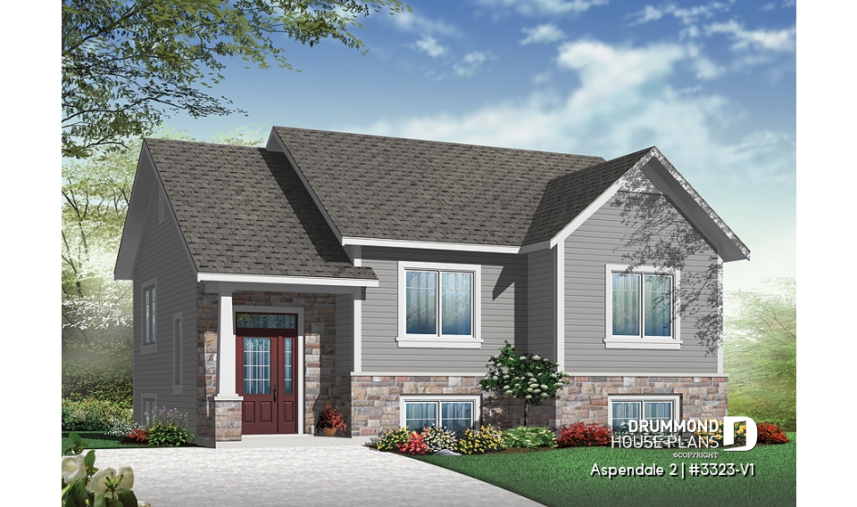 front - BASE MODEL - Low building cost 2 bedroom split level house plan, 12' high ceiling in foyer, open concept, kitchen island - Aspendale 2