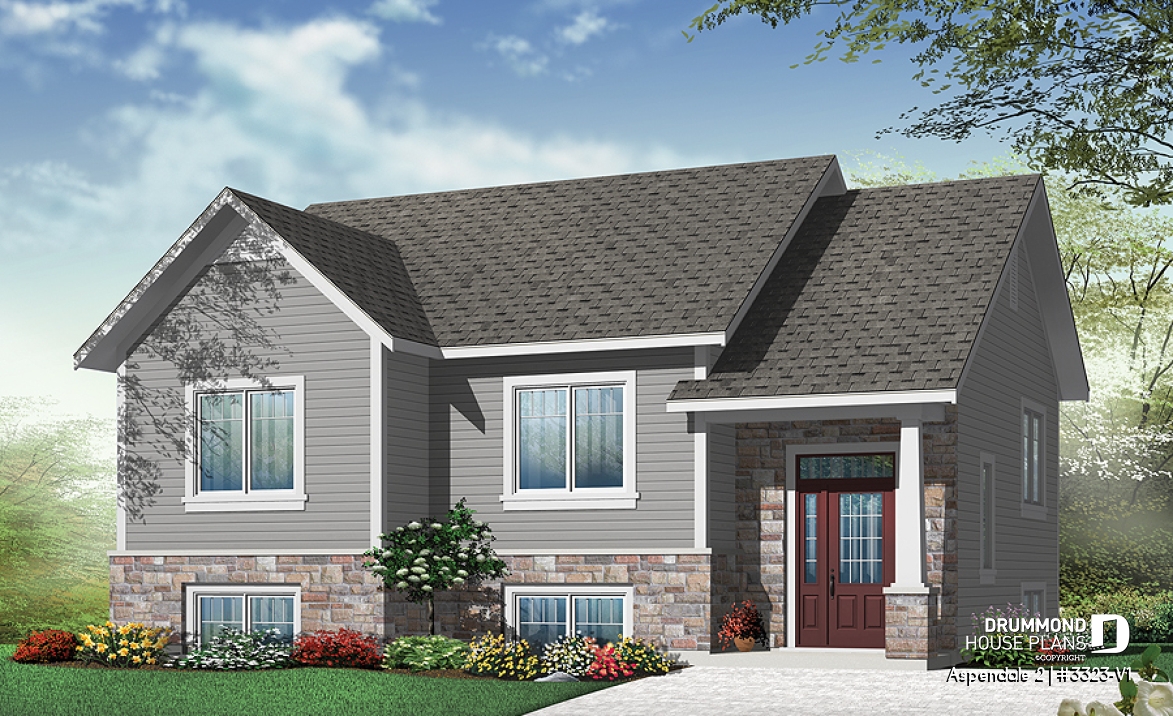 front - BASE MODEL - Low building cost 2 bedroom split level house plan, 12' high ceiling in foyer, open concept, kitchen island - Aspendale 2
