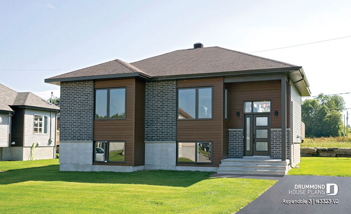 front - BASE MODEL - Affordable Split-entry Modern Bungalow house plan with open floor plan and 2 bedrooms - Aspendale 3