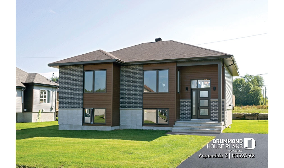 front - BASE MODEL - Affordable Split-entry Modern Bungalow house plan with open floor plan and 2 bedrooms - Aspendale 3