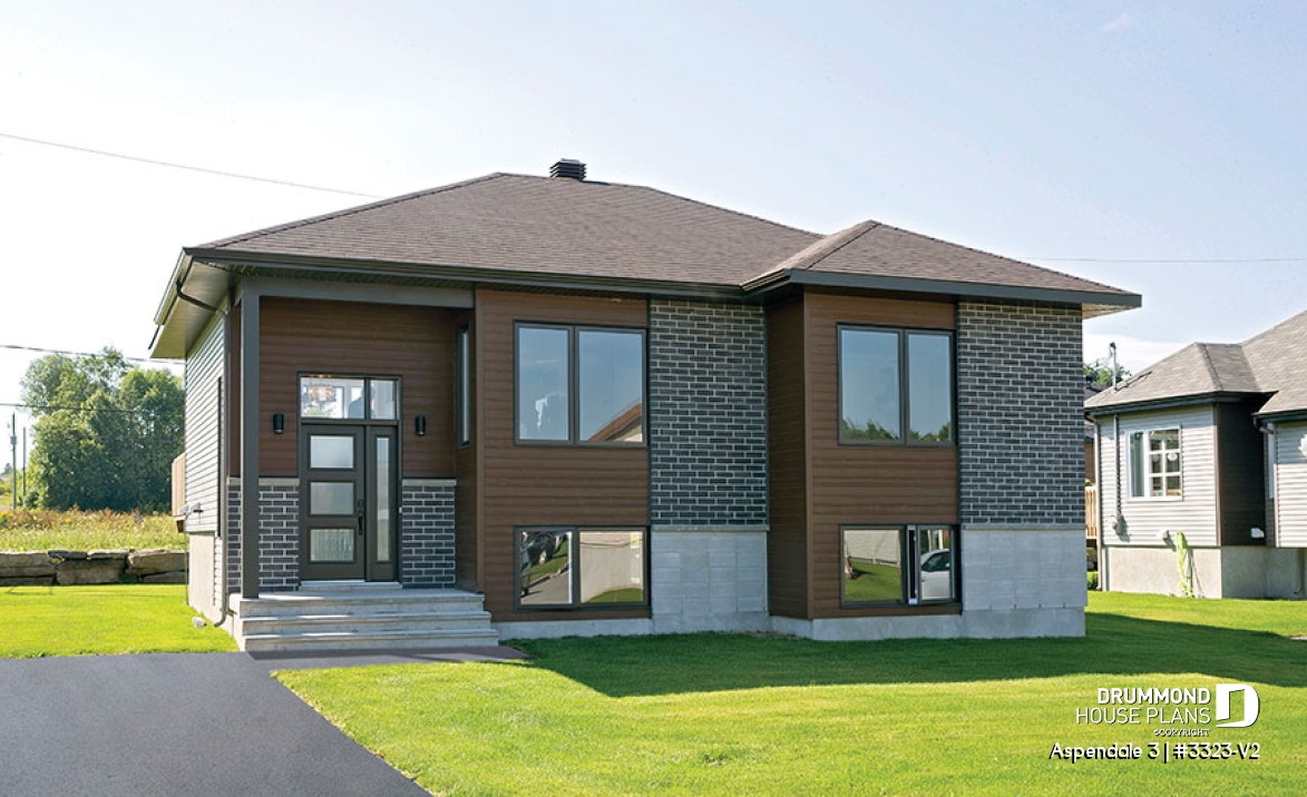 front - BASE MODEL - Affordable Split-entry Modern Bungalow house plan with open floor plan and 2 bedrooms - Aspendale 3