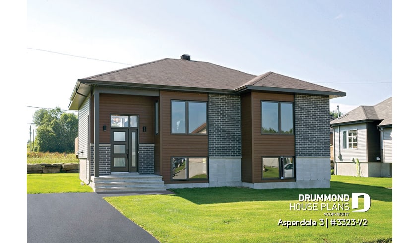 front - BASE MODEL - Affordable Split-entry Modern Bungalow house plan with open floor plan and 2 bedrooms - Aspendale 3