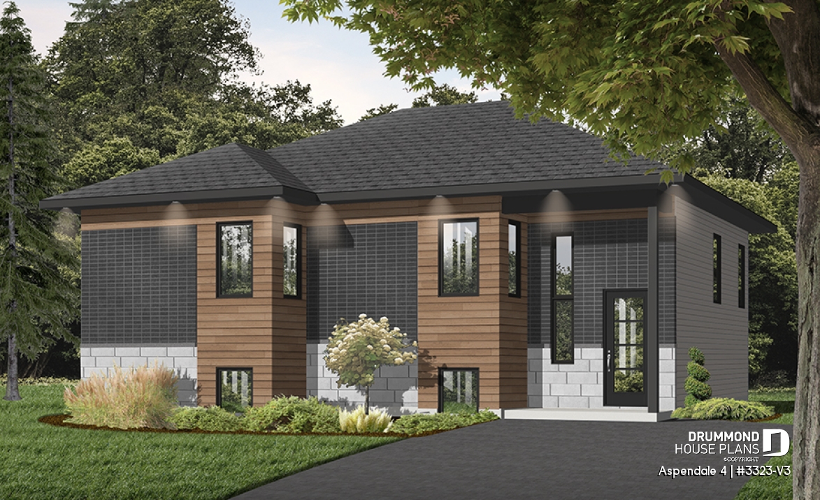 front - BASE MODEL - Modern split-level house plan, large kitchen island, open floor plan concept - Aspendale 4