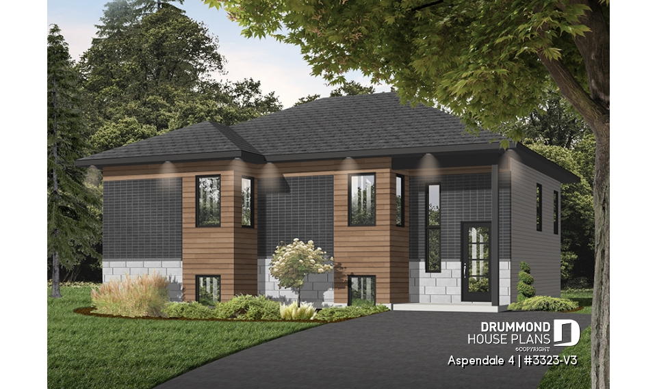 front - BASE MODEL - Modern split-level house plan, large kitchen island, open floor plan concept - Aspendale 4