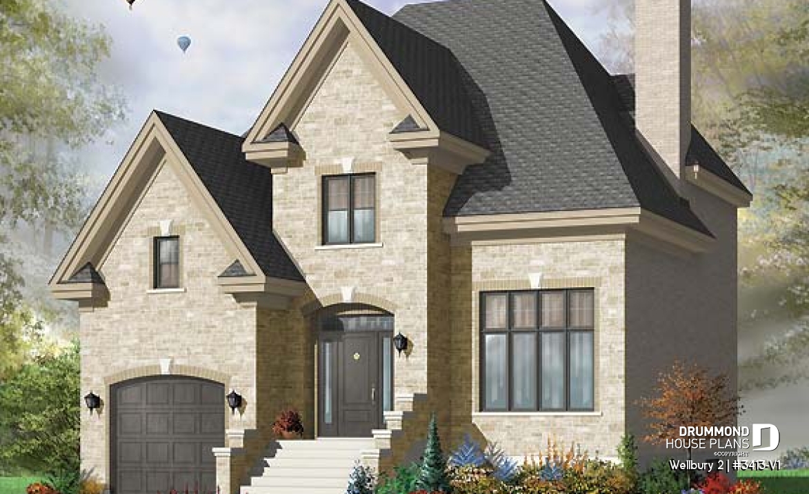 front - BASE MODEL - European style home design with 3 bedrooms, mezzanine and garage - Wellbury 2
