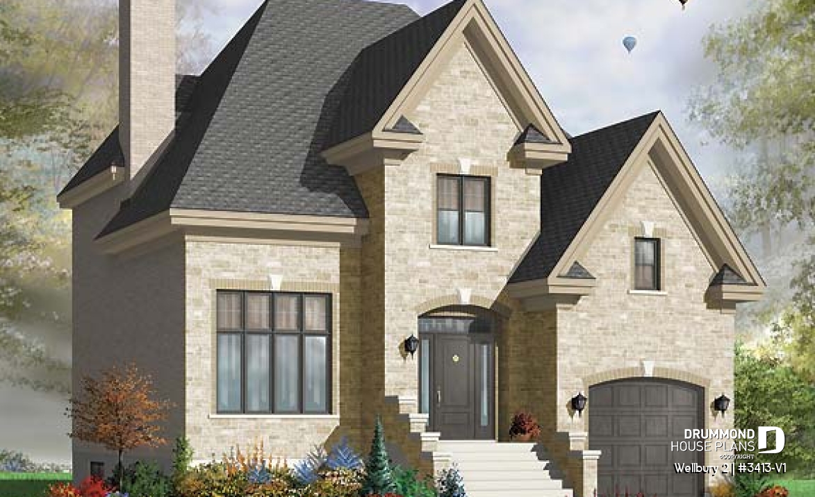 front - BASE MODEL - European style home design with 3 bedrooms, mezzanine and garage - Wellbury 2
