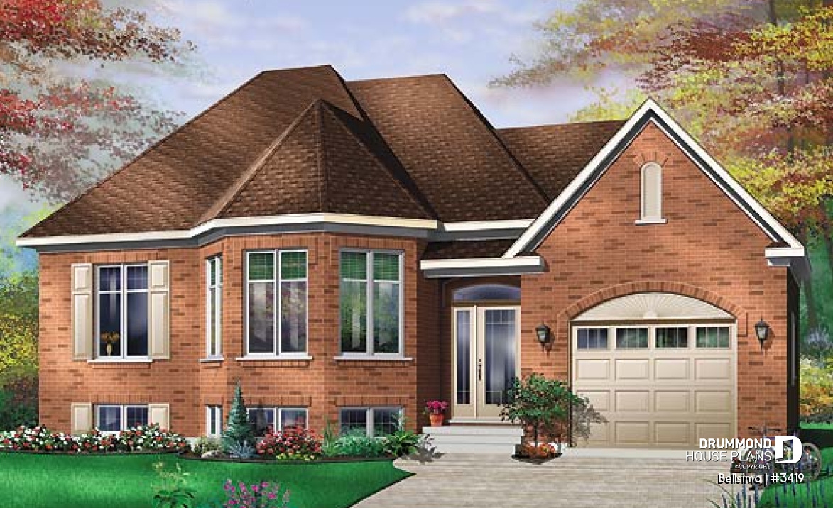 front - BASE MODEL - Split-entry house plan with 2 bedrooms, unfinished daylight basement - Bellsima