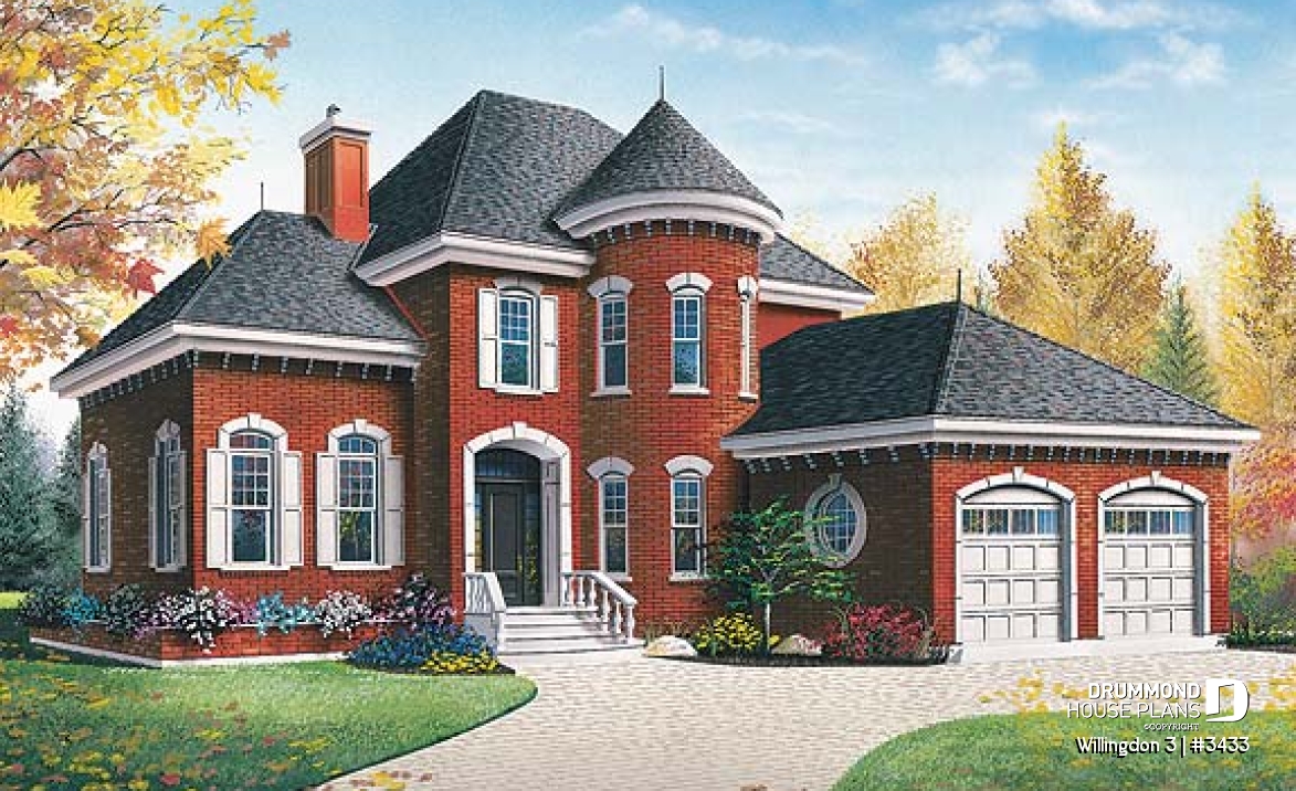 front - BASE MODEL - European 3 bedroom house plan with a 2-car garage, 3 bedrooms, home office, sunken living room - Willingdon 3