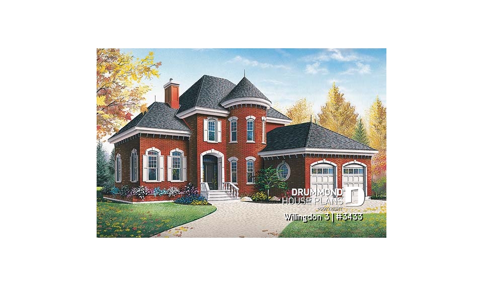 front - BASE MODEL - European 3 bedroom house plan with a 2-car garage, 3 bedrooms, home office, sunken living room - Willingdon 3