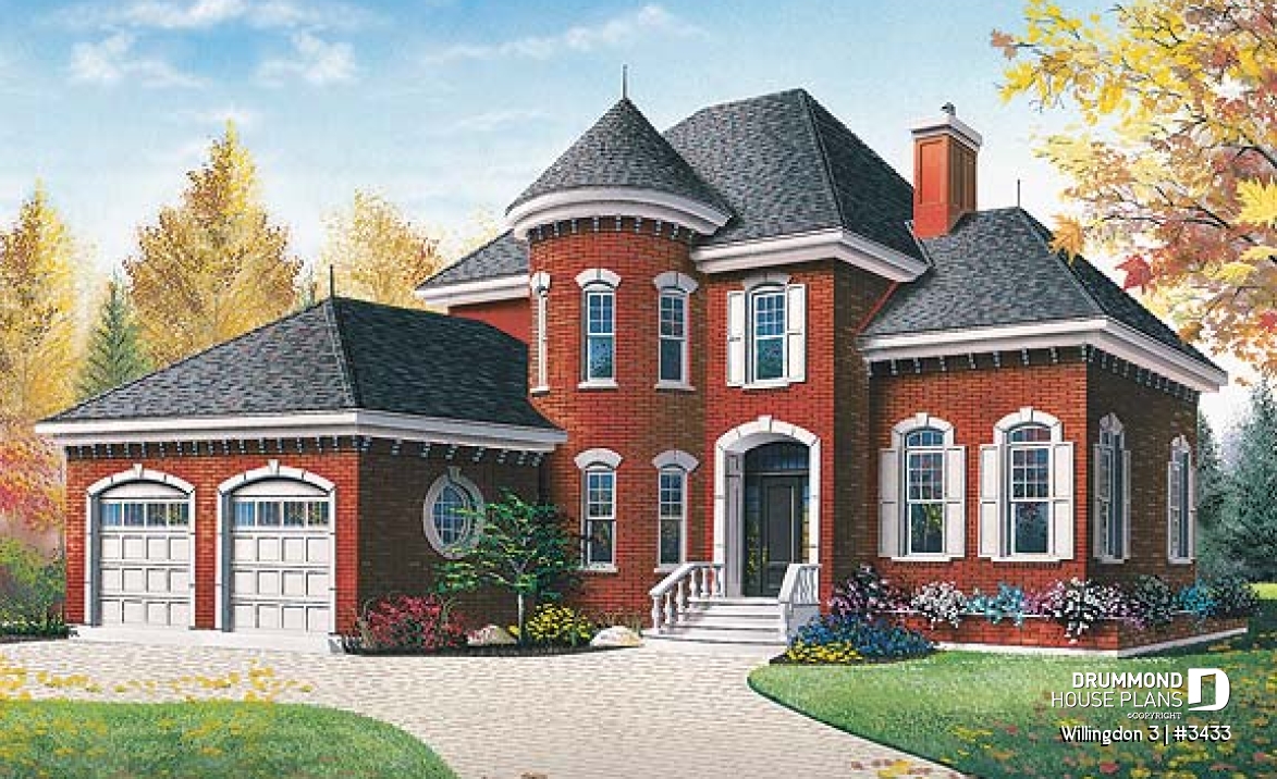 front - BASE MODEL - European 3 bedroom house plan with a 2-car garage, 3 bedrooms, home office, sunken living room - Willingdon 3