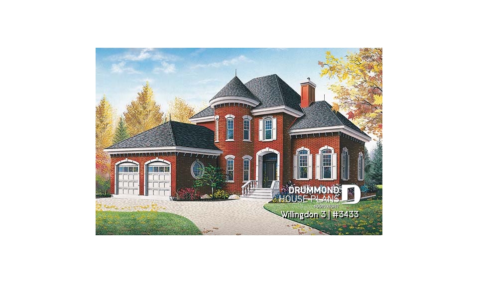 front - BASE MODEL - European 3 bedroom house plan with a 2-car garage, 3 bedrooms, home office, sunken living room - Willingdon 3