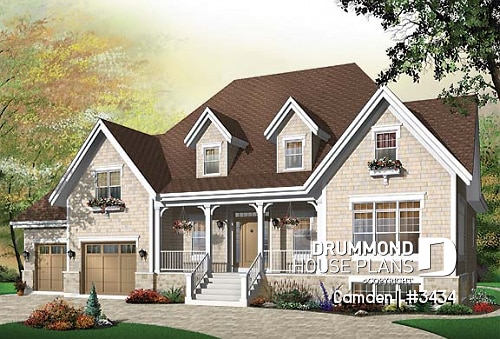 front - BASE MODEL - Farmhouse style home plan, 3 to 4 bedrooms,  master suite, 2-car garage, fireplace, formal dining, office - Camden